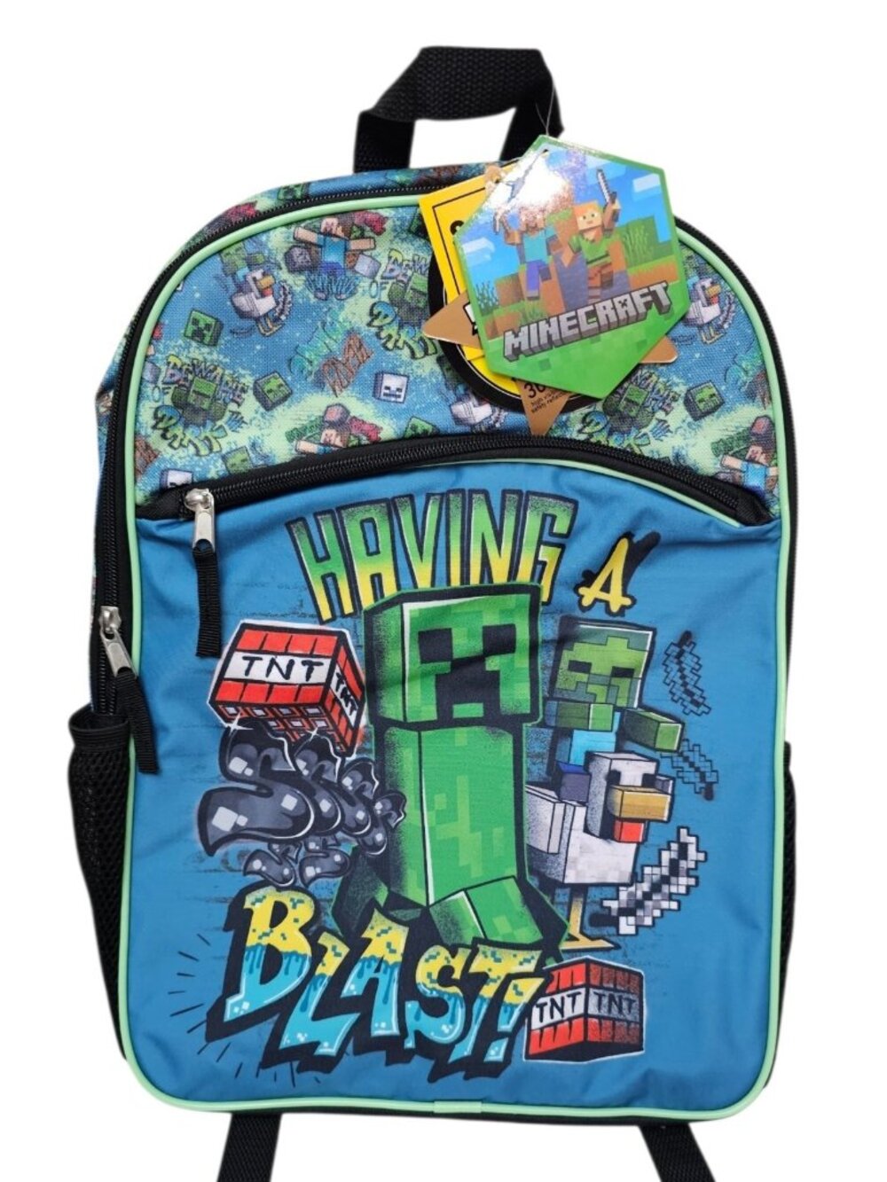 Minecraft Creeper Blue/Green Backpack Zip, Adjustable Straps Having A Blast